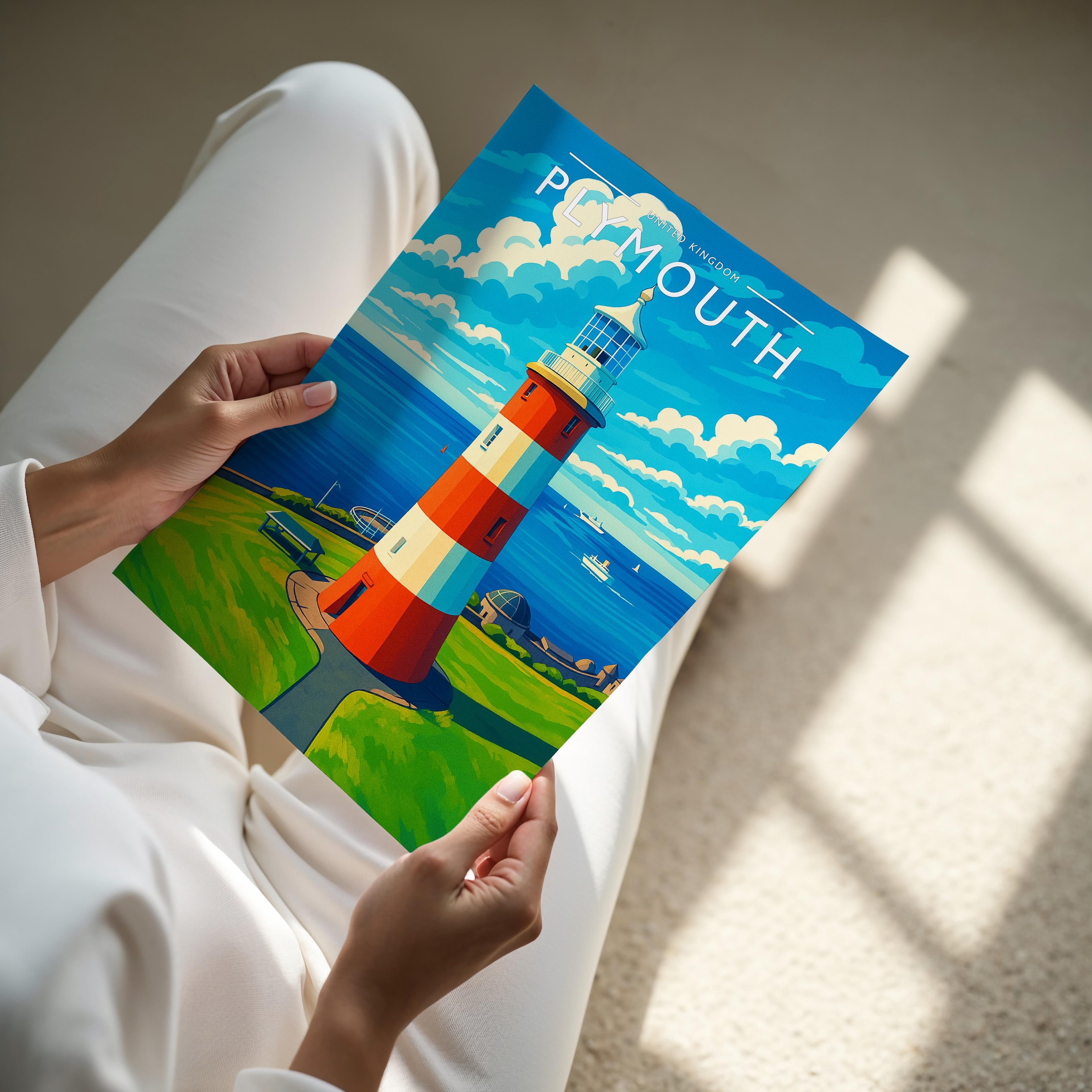 Plymouth Travel Poster - A4 print held in hand