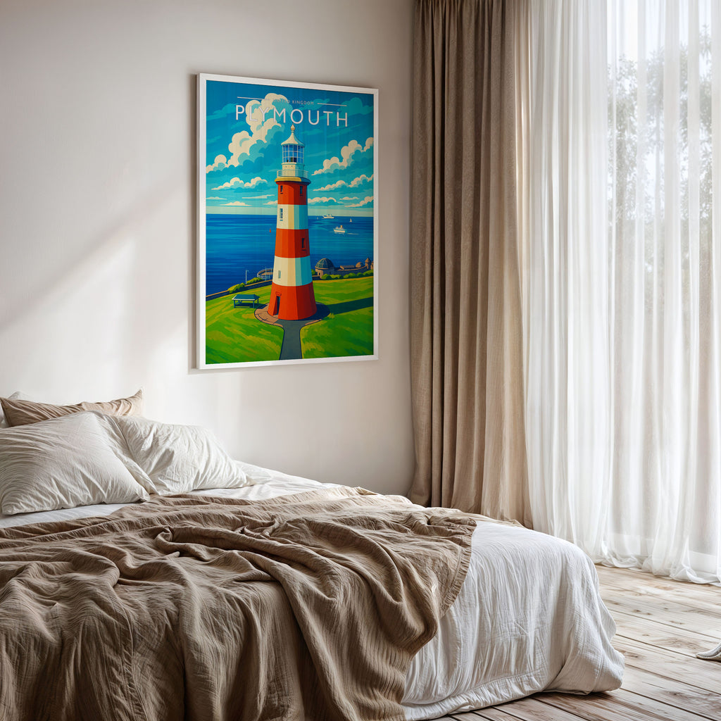 Plymouth Travel Poster framed on a bedroom wall