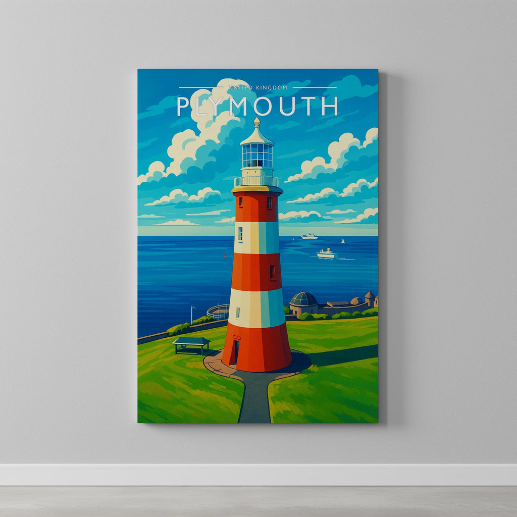 Plymouth Travel Poster as a gallery-wrapped canvas on a plain wall