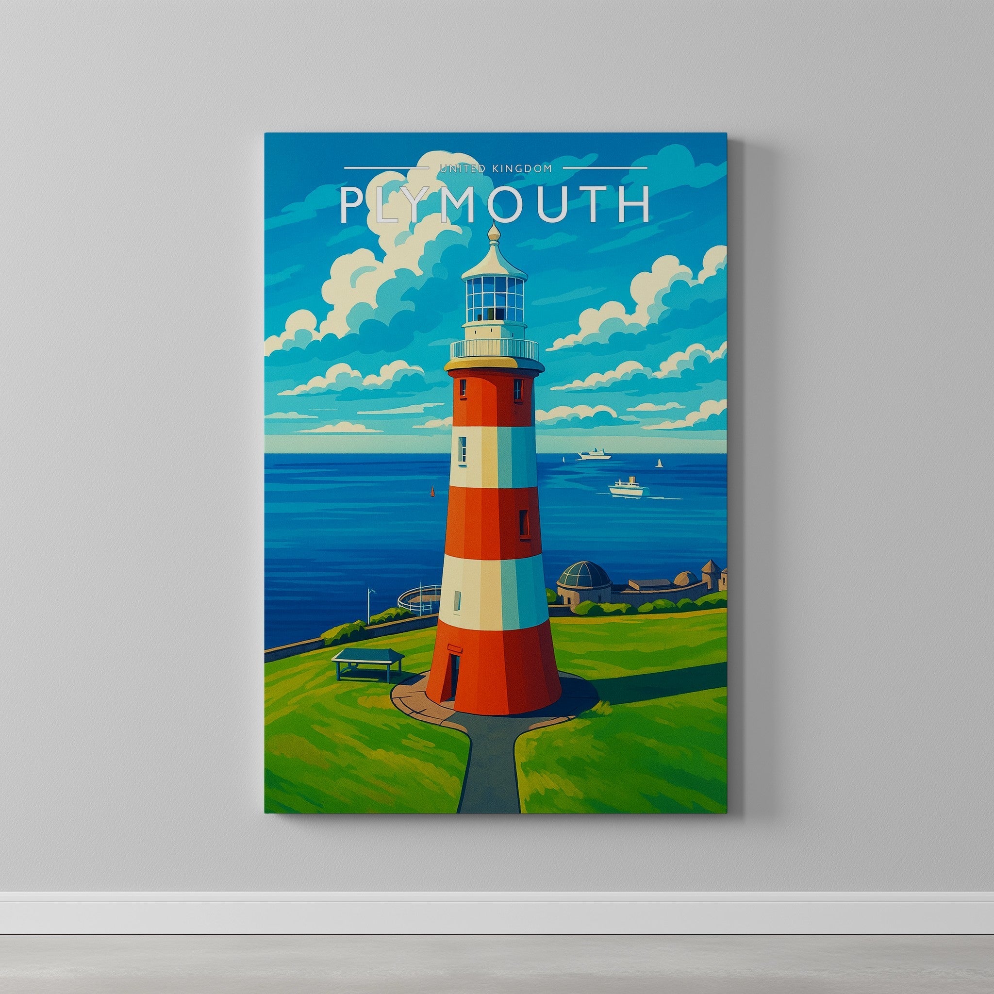 Plymouth Travel Poster as a gallery-wrapped canvas on a plain wall