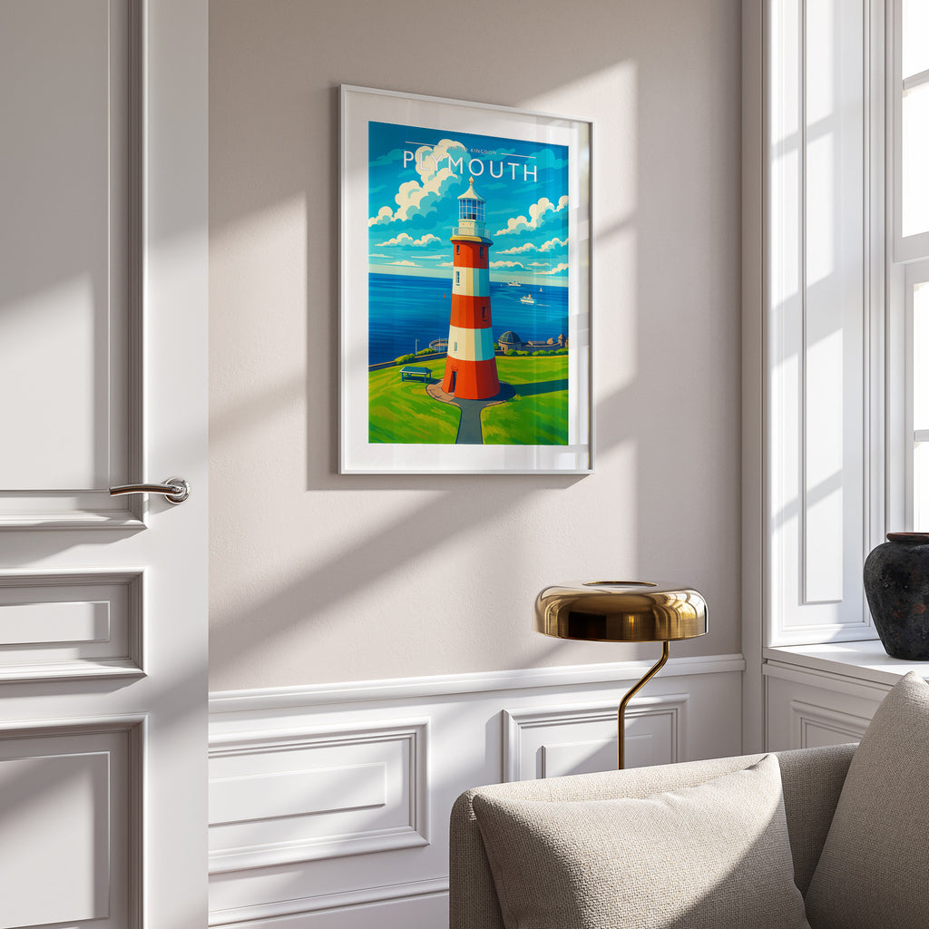 Plymouth Travel Poster in a white frame on a panelled wall
