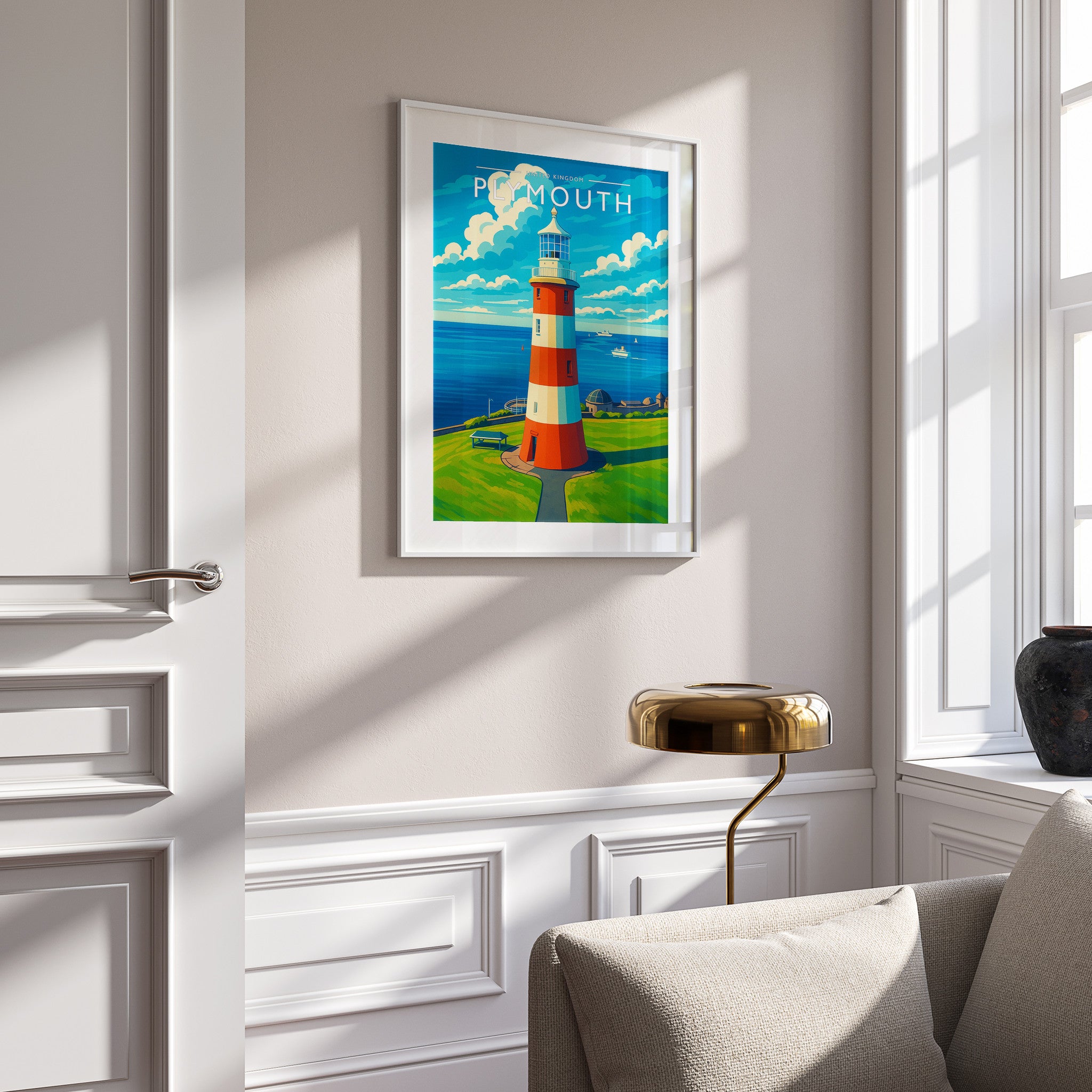 Plymouth Travel Poster in a white frame on a panelled wall