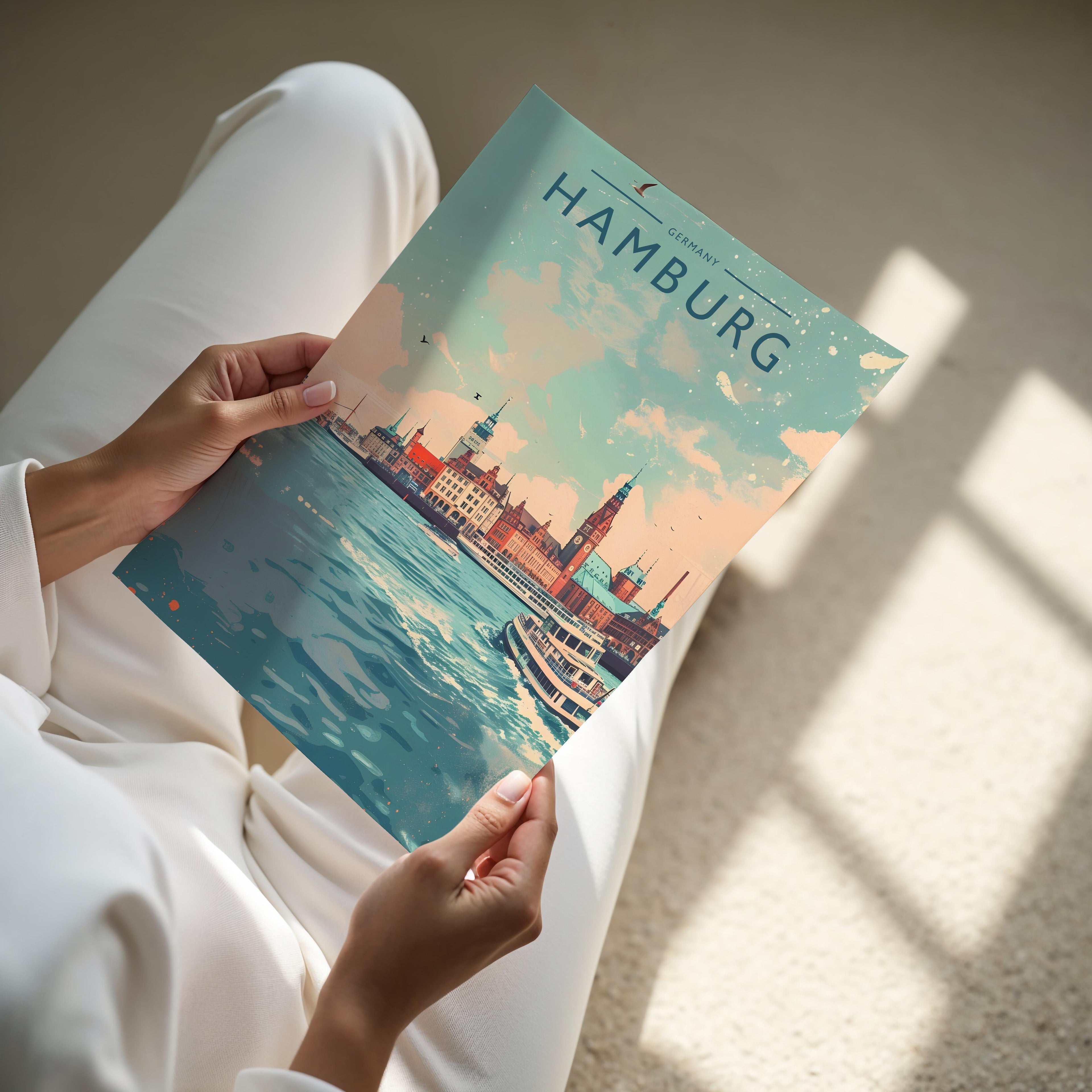 Hamburg Travel Poster - A4 print held in hand