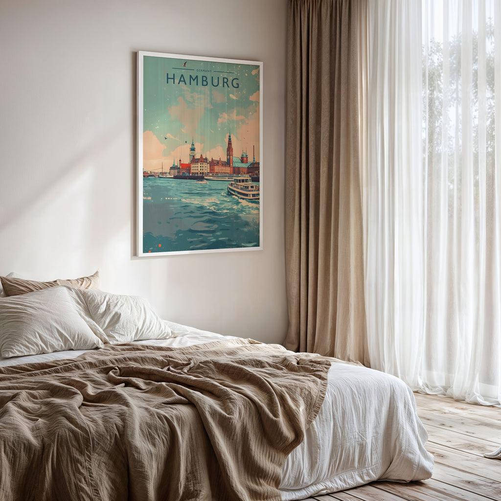 Hamburg Travel Poster framed on a bedroom wall