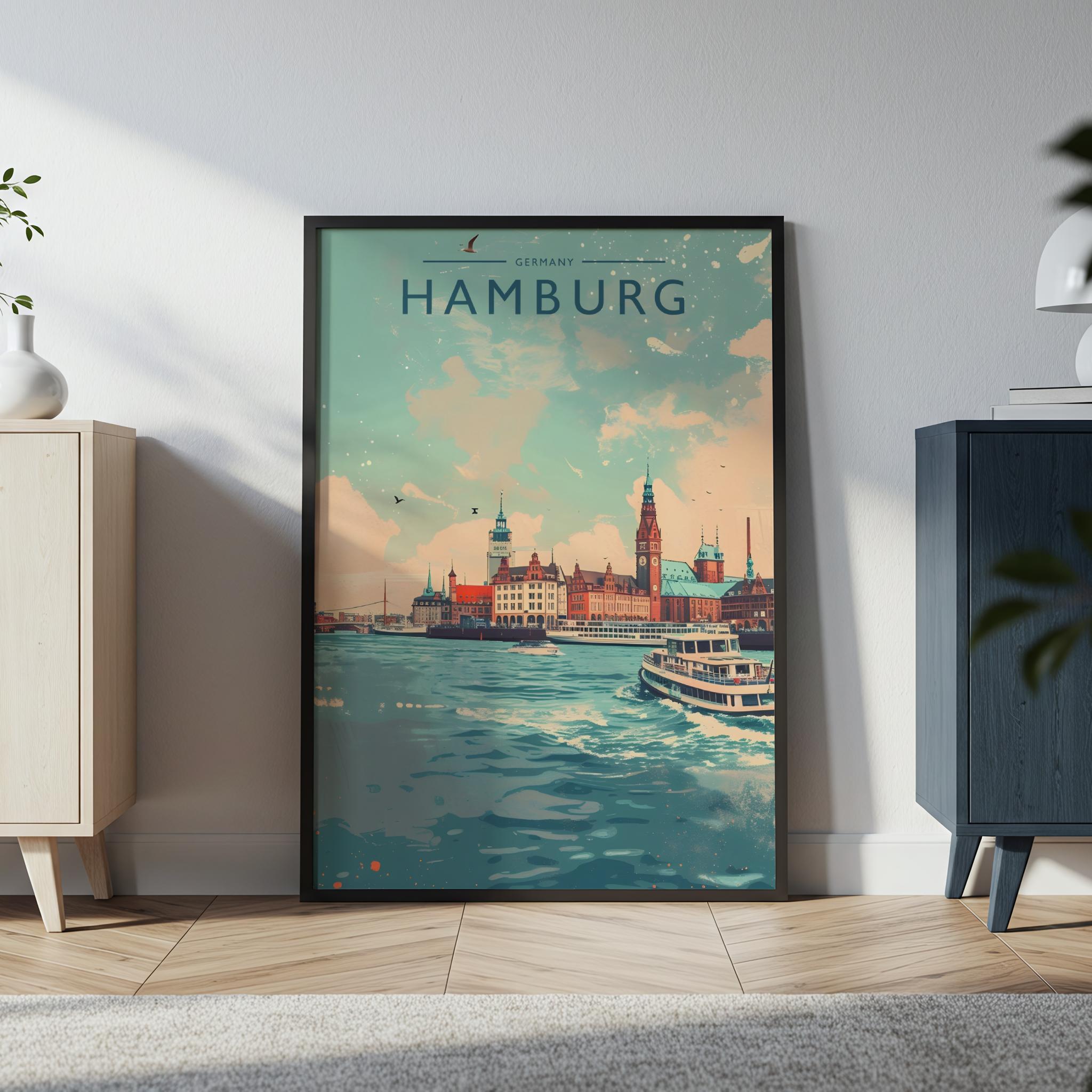 Hamburg Travel Poster in a black frame