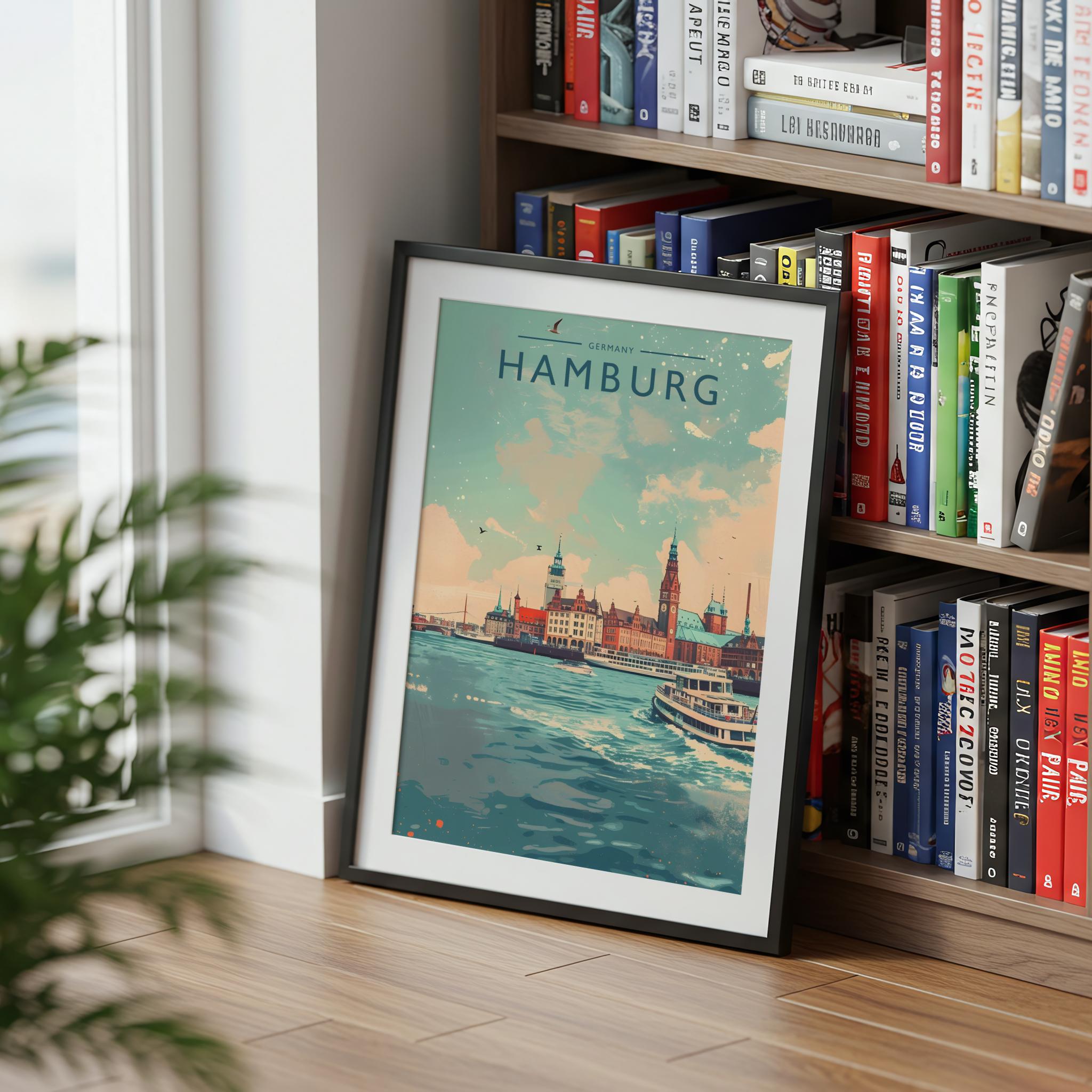 Hamburg Travel Poster mounted in a black frame