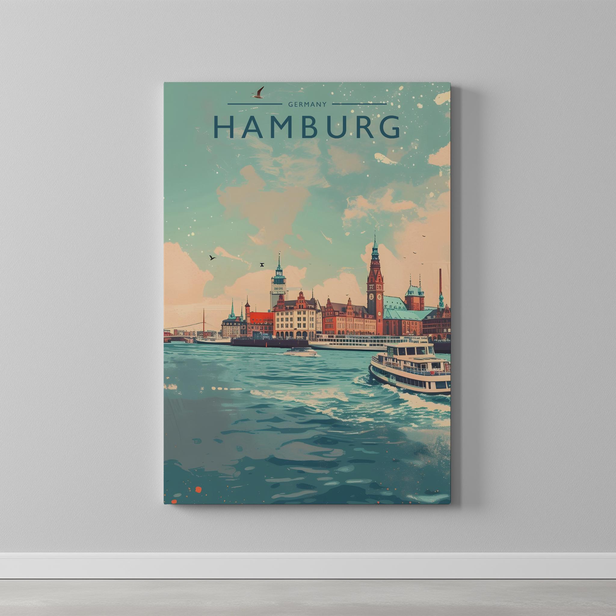 Hamburg Travel Poster as a gallery-wrapped canvas on a plain wall