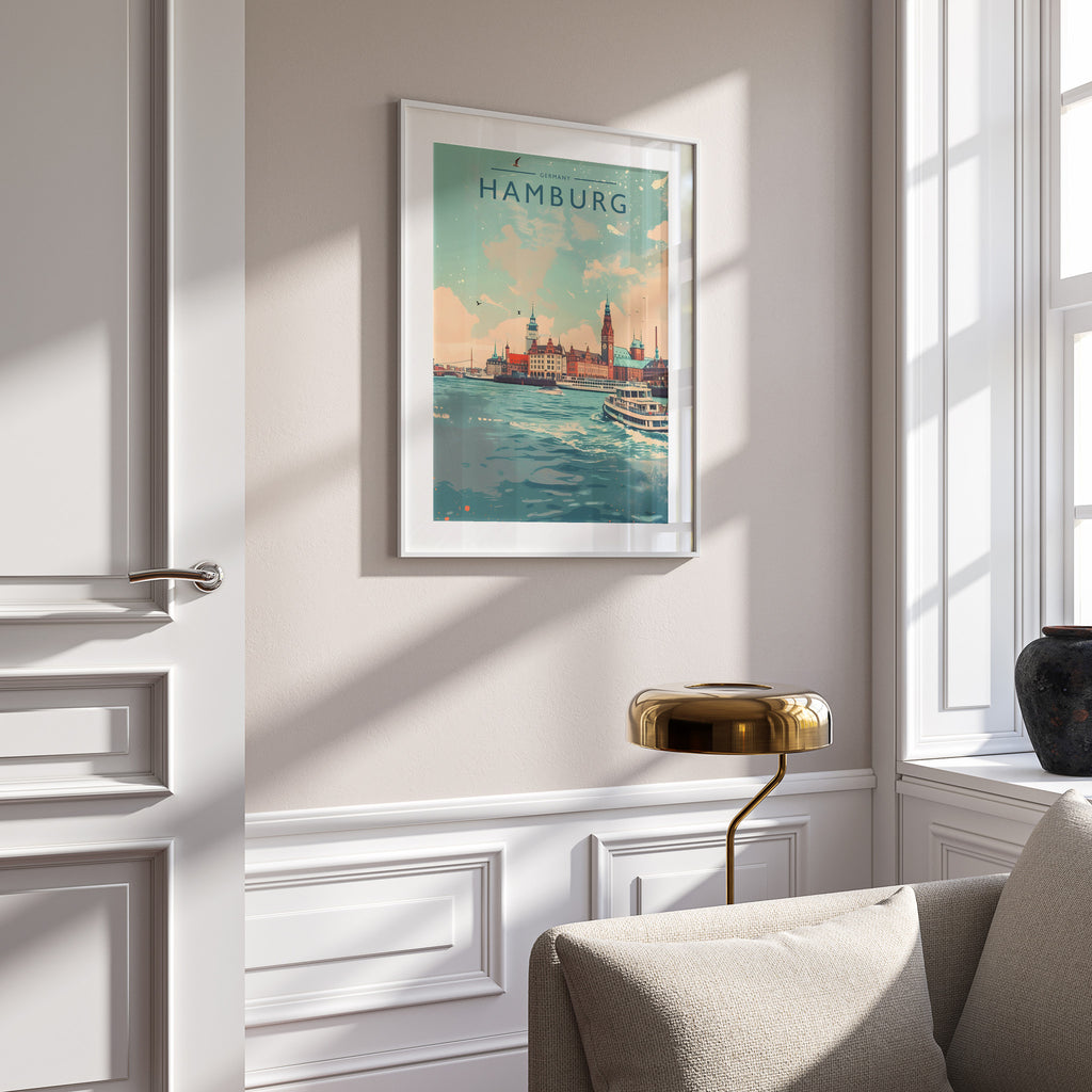 Hamburg Travel Poster in a white frame on a panelled wall