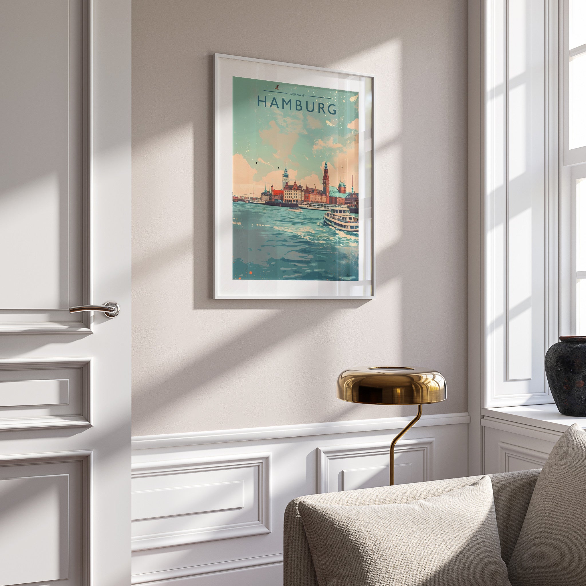 Hamburg Travel Poster in a white frame on a panelled wall