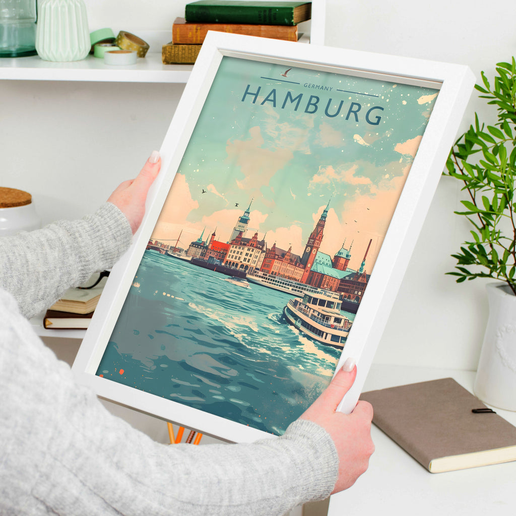Hamburg Travel Poster in a white frame, held to show scale