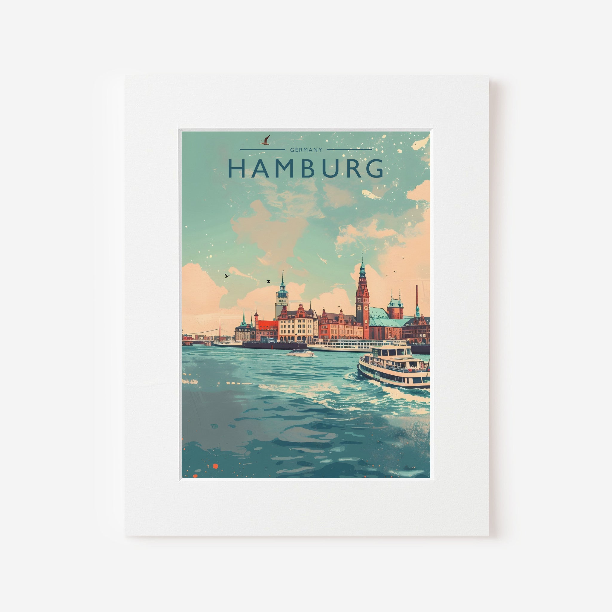 Hamburg Travel Poster in a white mount