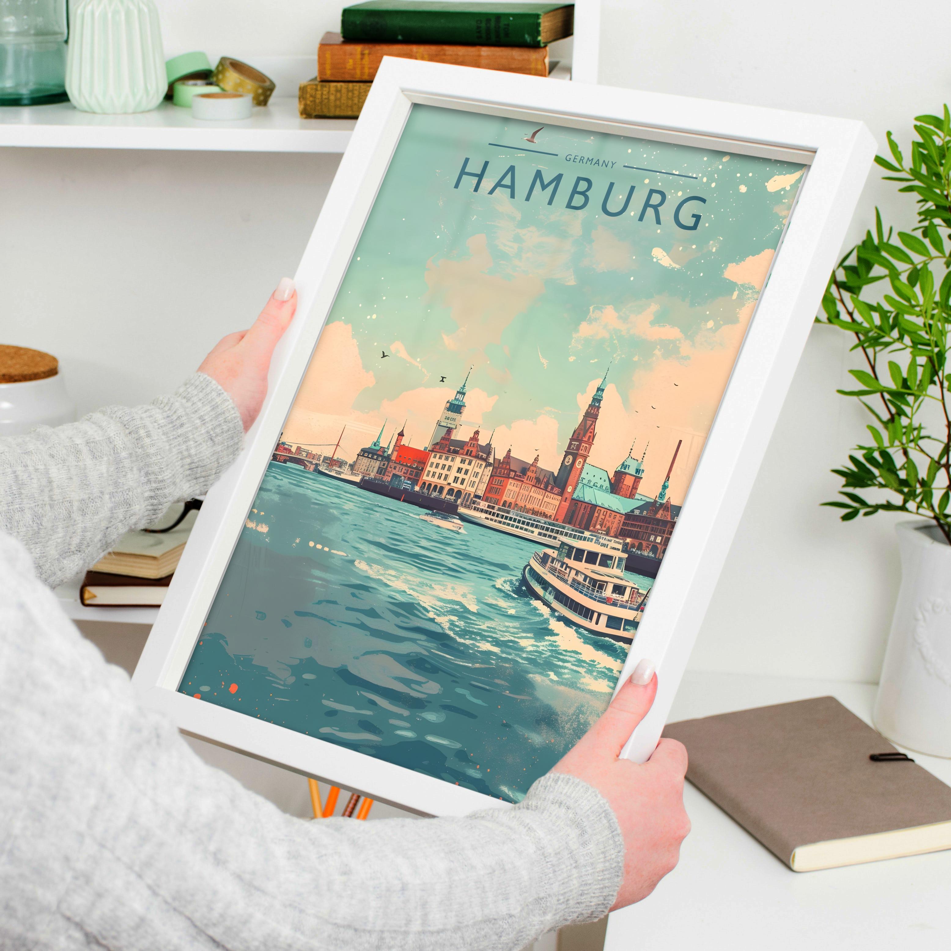 Hamburg Travel Poster held in a white frame