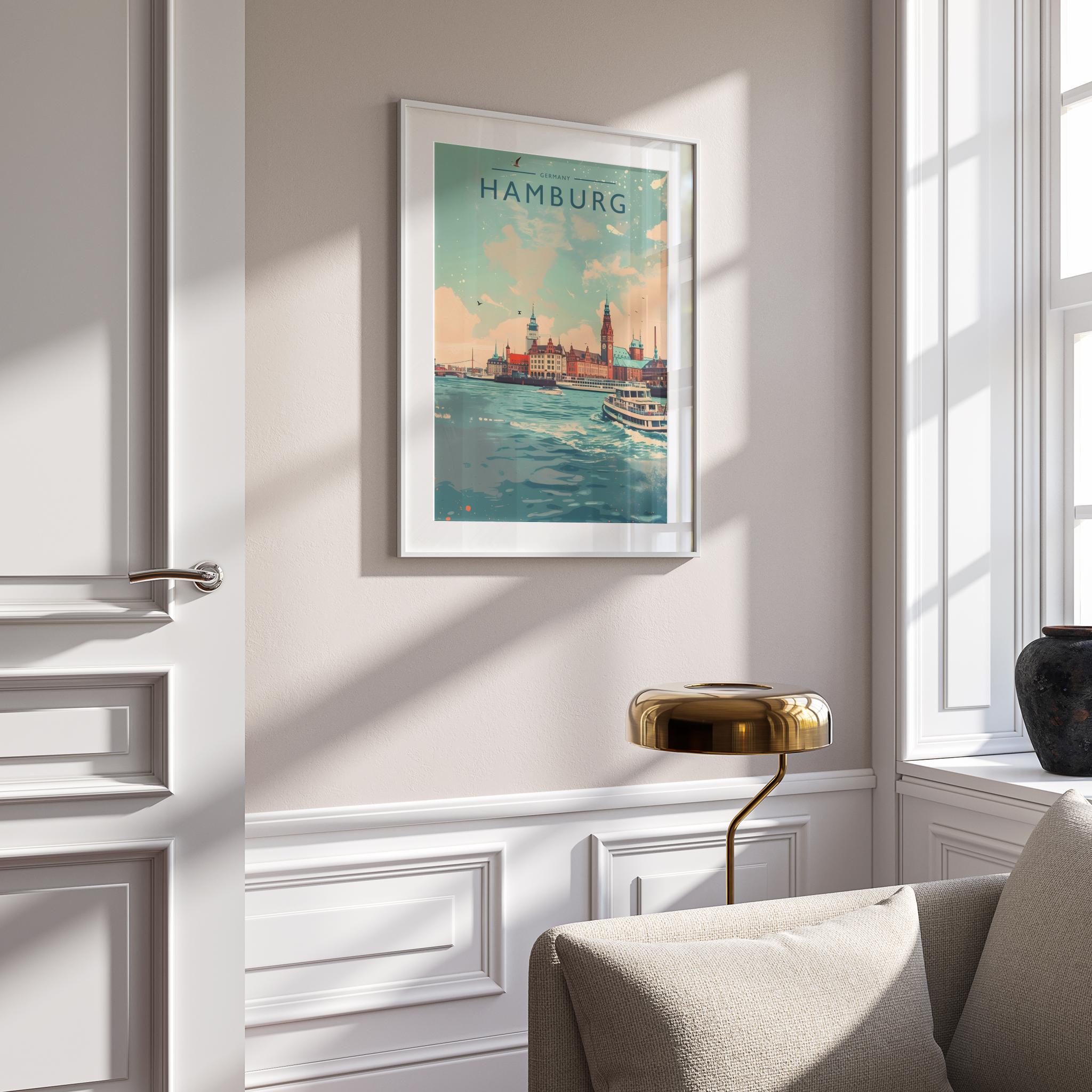 Hamburg Travel Poster mounted in a white frame