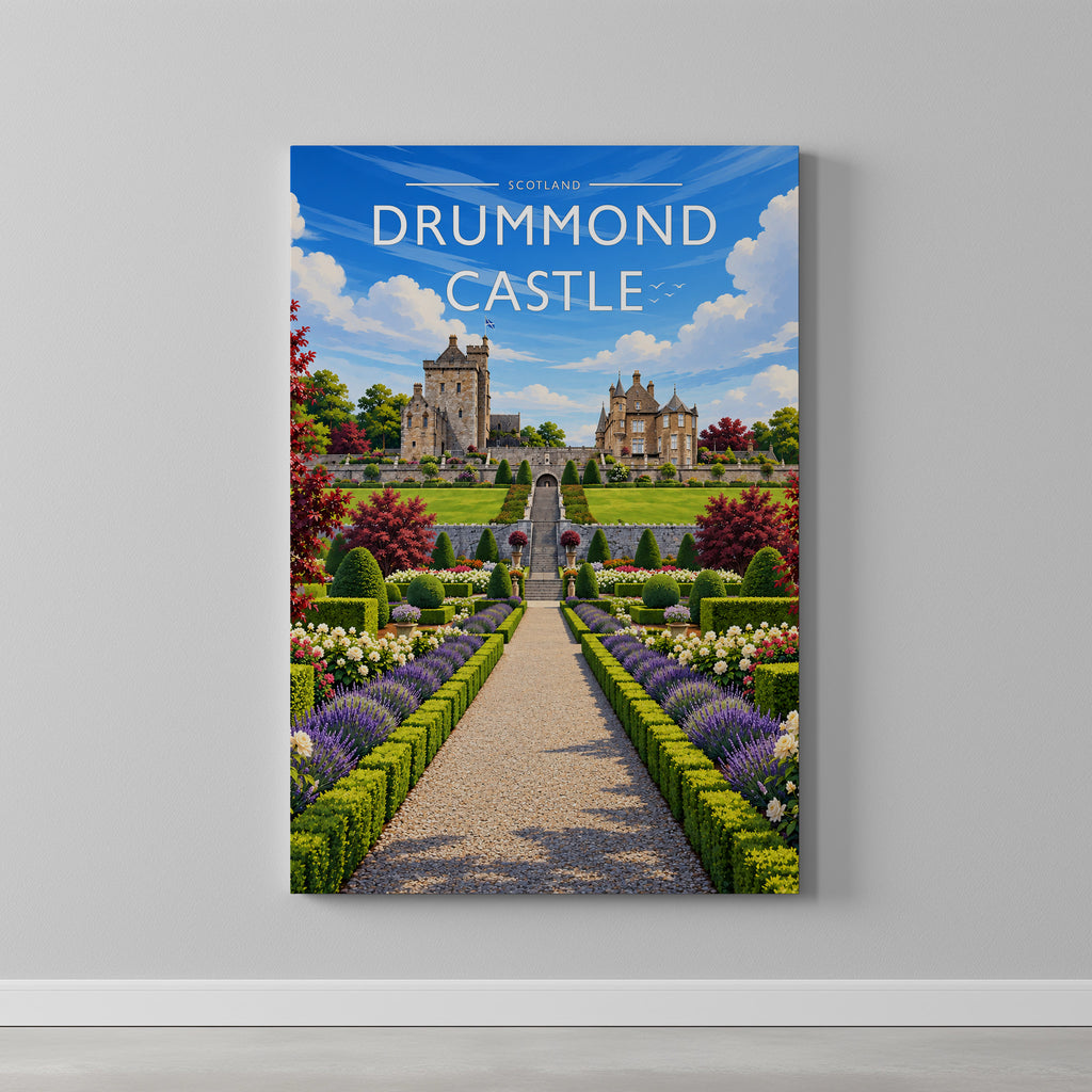 Drummond Castle #2 Travel Poster as a gallery-wrapped canvas on a plain wall