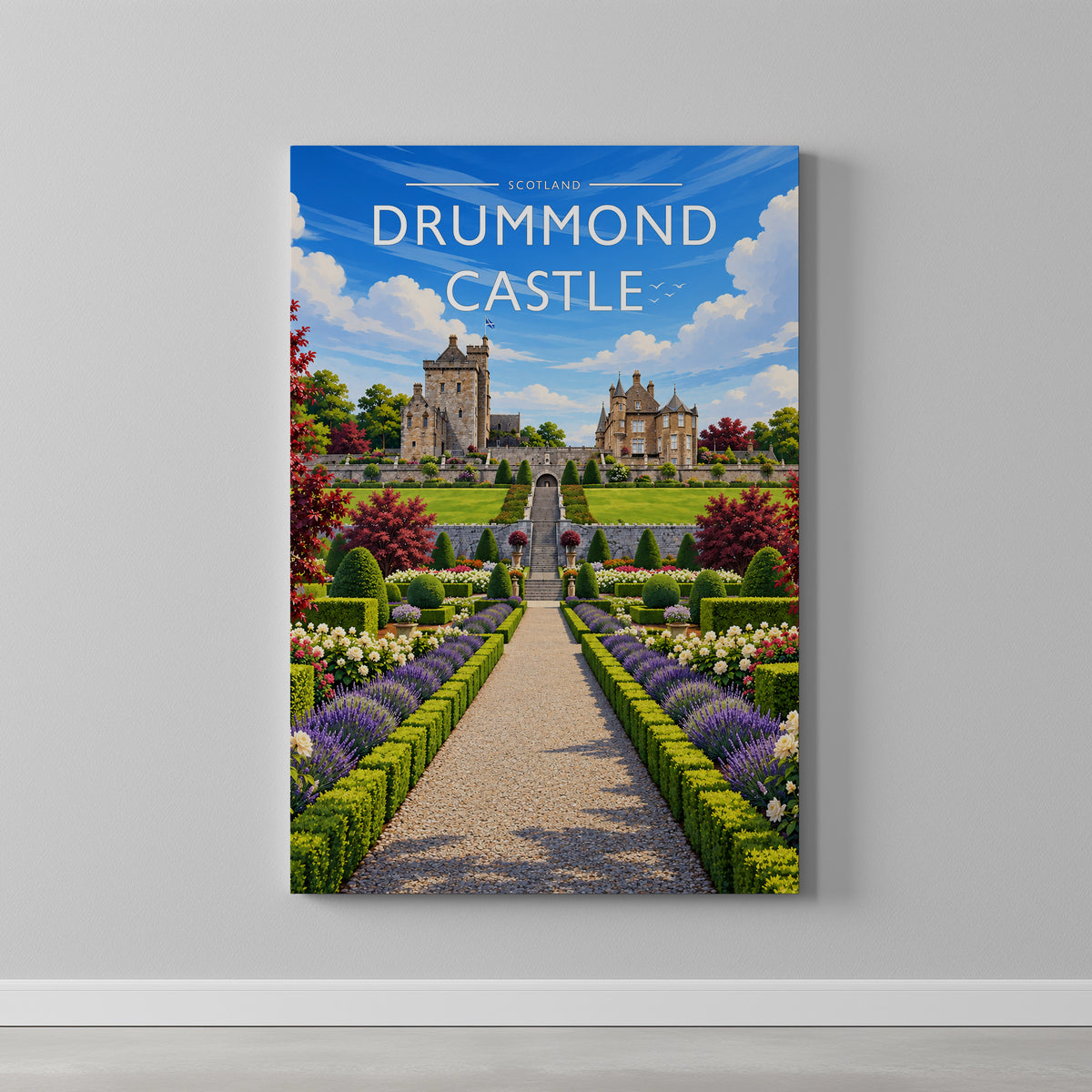 Drummond Castle #2 Travel Poster as a gallery-wrapped canvas on a plain wall