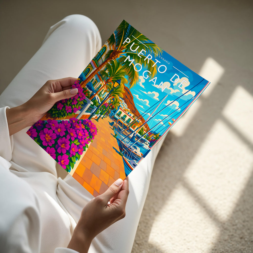 Puerto de Mogan Travel Poster - A4 print held in hand