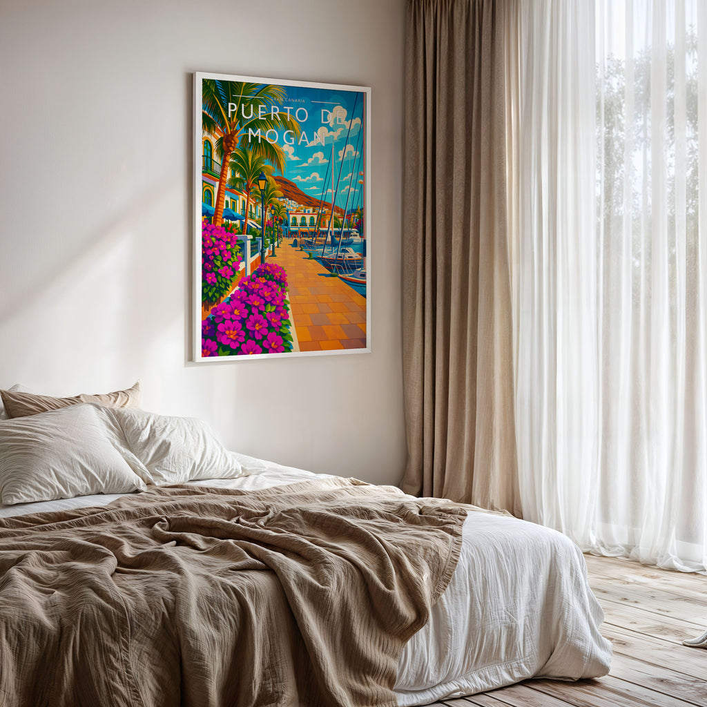 Puerto de Mogan Travel Poster framed on a bedroom wall