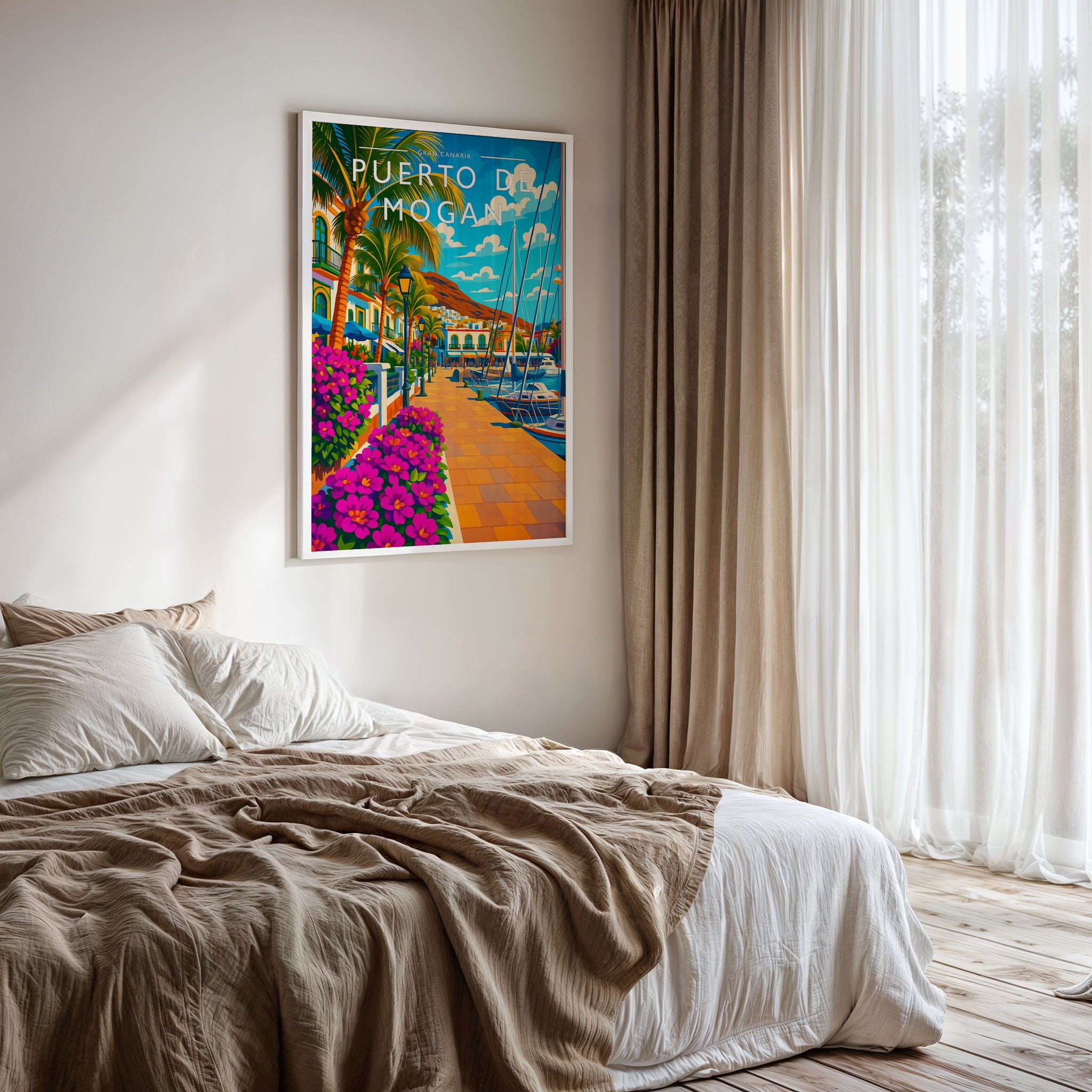 Puerto de Mogan Travel Poster framed on a bedroom wall
