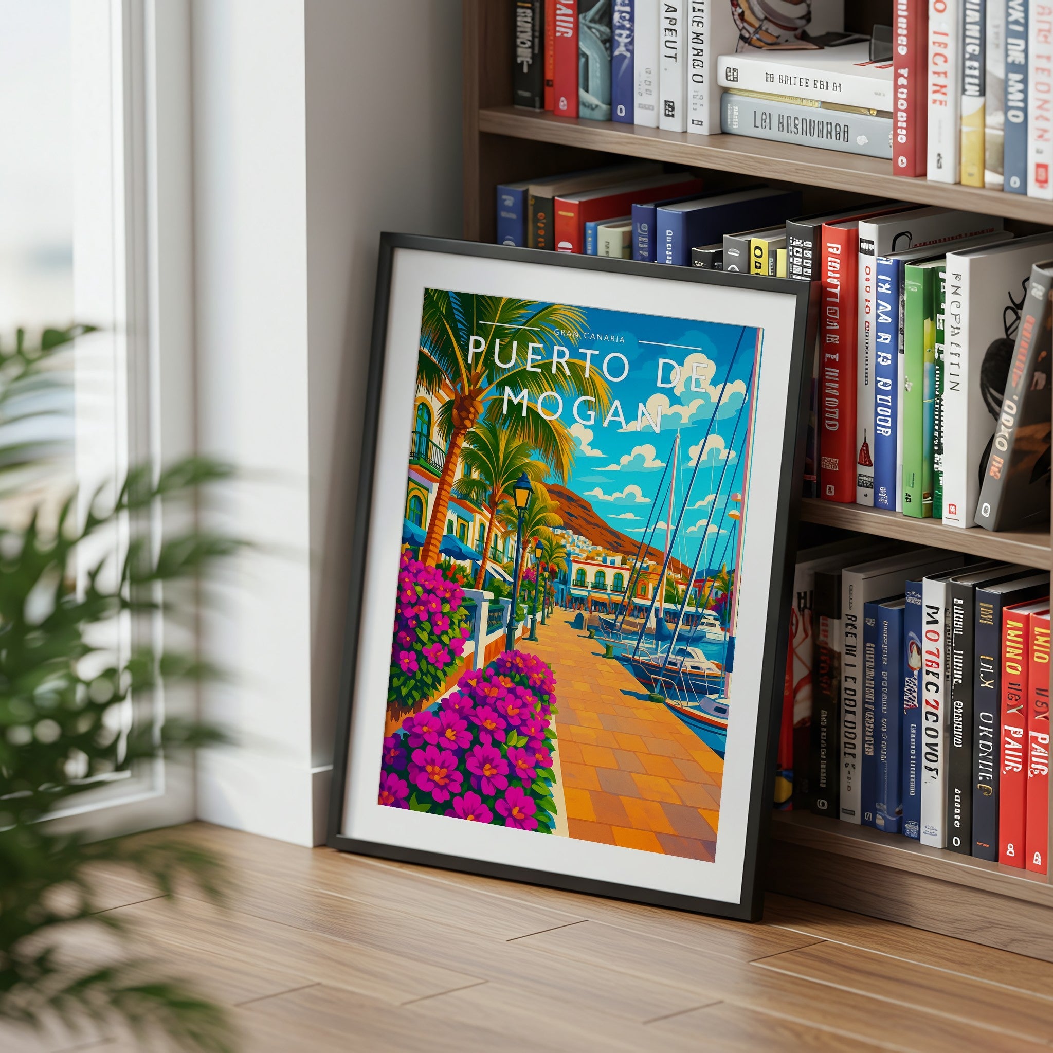 Puerto de Mogan Travel Poster mounted in a black frame