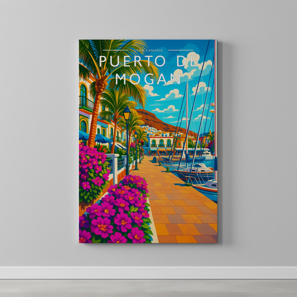 Puerto de Mogan Travel Poster as a gallery-wrapped canvas on a plain wall