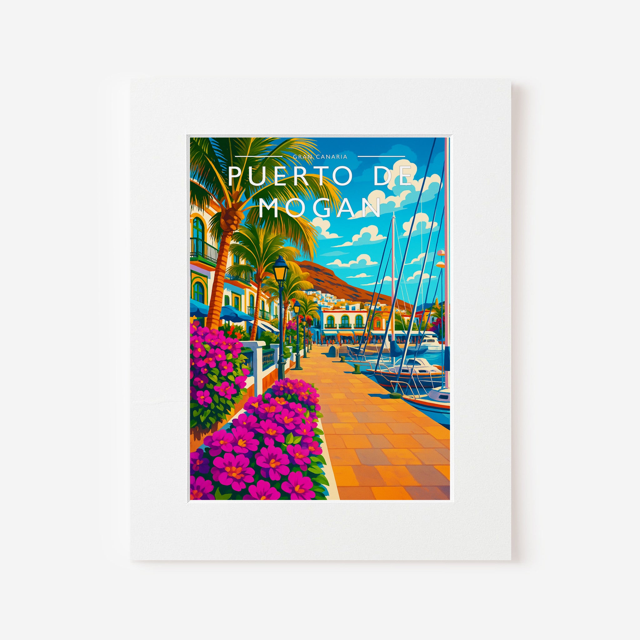 Puerto de Mogan Travel Poster in a white mount