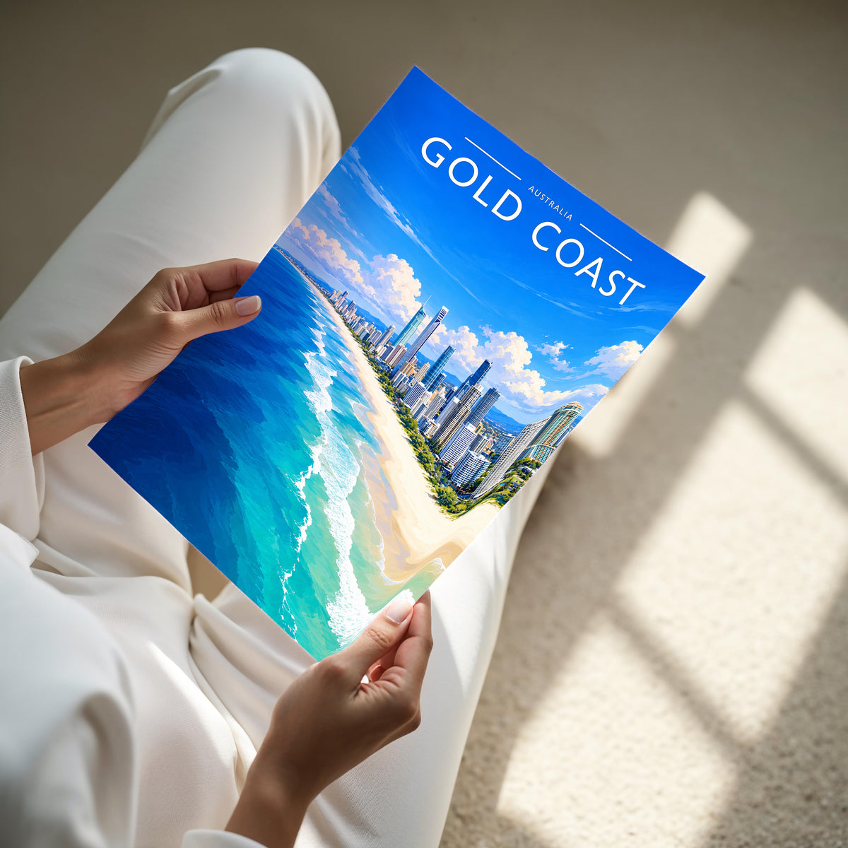 Gold Coast #2 Travel Poster - A4 print held in hand
