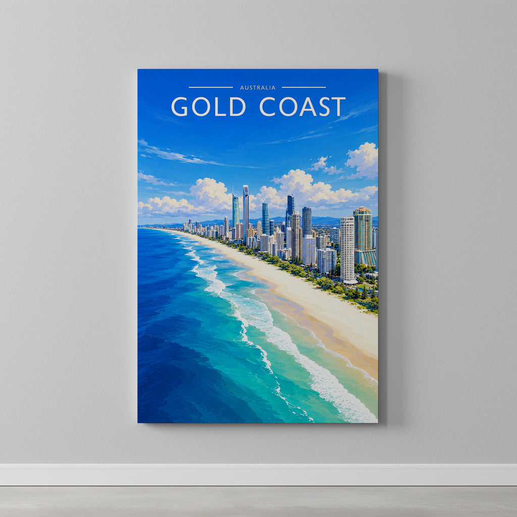 Gold Coast #2 Travel Poster as a gallery-wrapped canvas on a plain wall