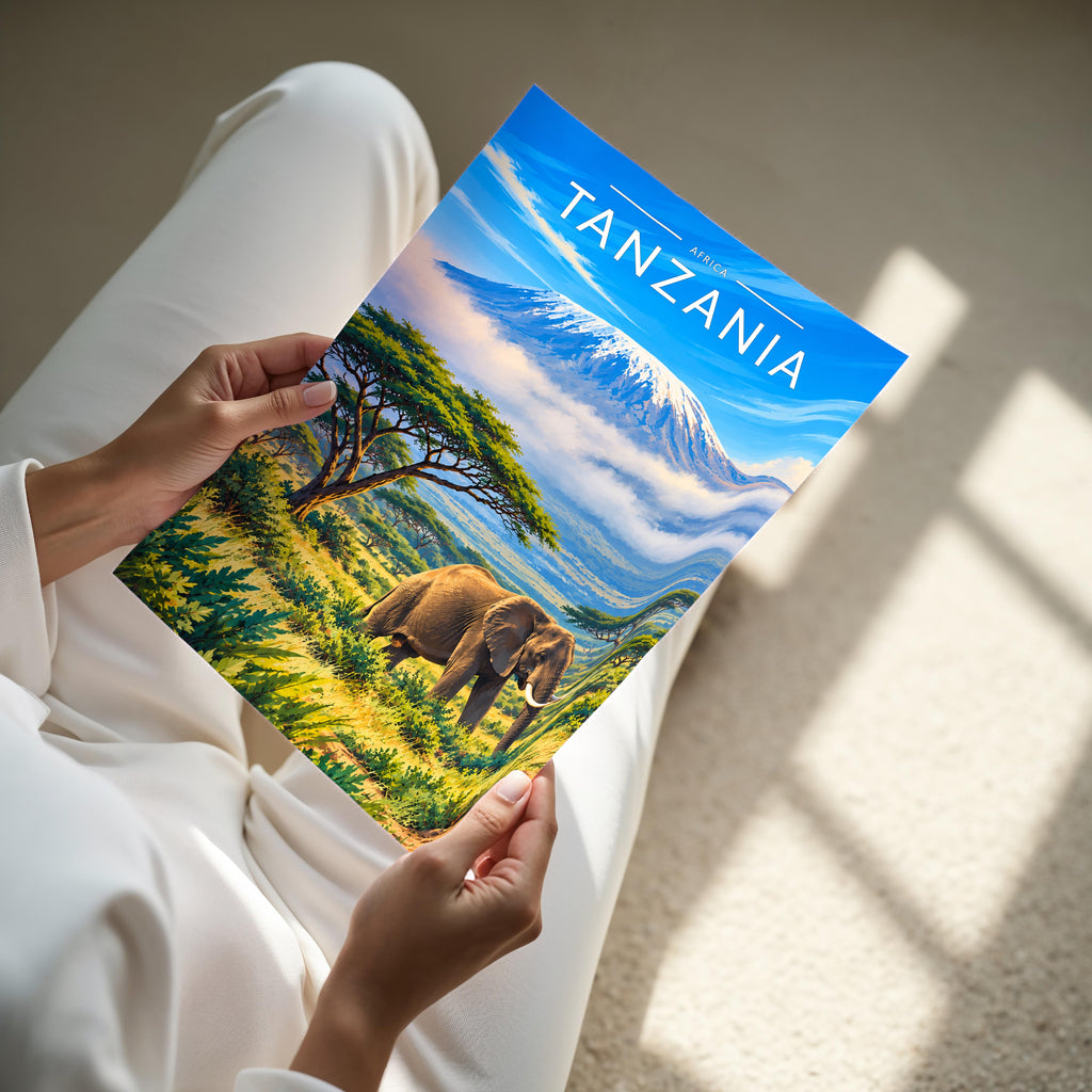 Tanzania Travel Poster - A4 print held in hand