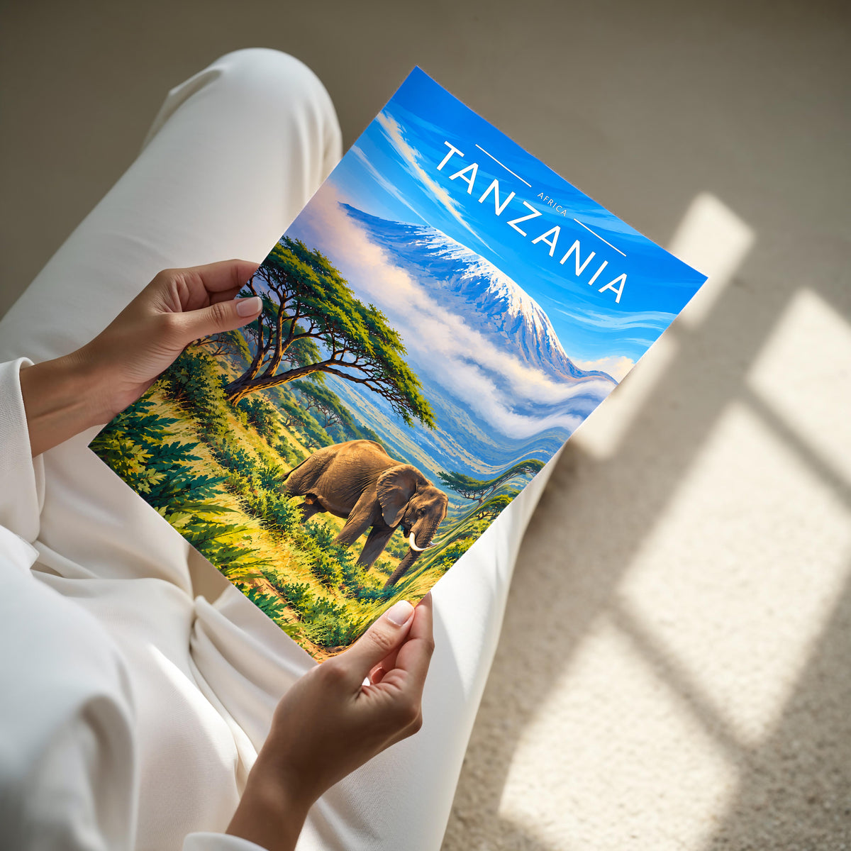 Tanzania Travel Poster - A4 print held in hand