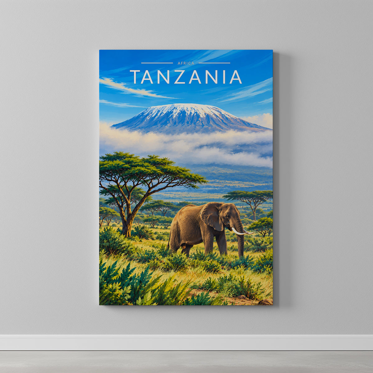 Tanzania Travel Poster as a gallery-wrapped canvas on a plain wall