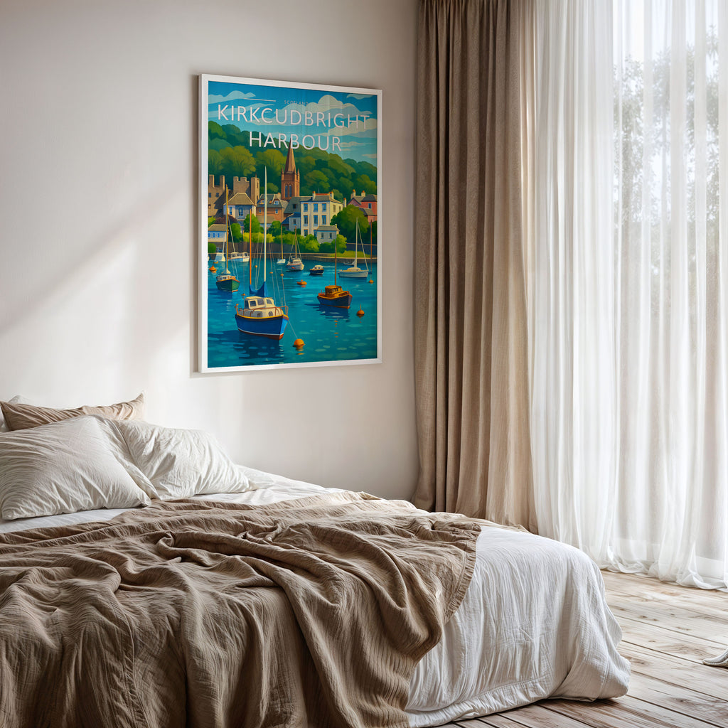 Kirkcudbright Harbour Travel Poster framed on a bedroom wall