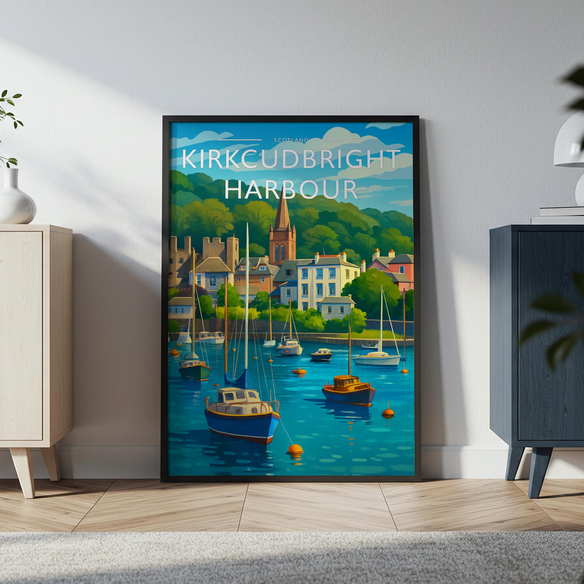 Kirkcudbright Harbour Travel Poster in a black frame