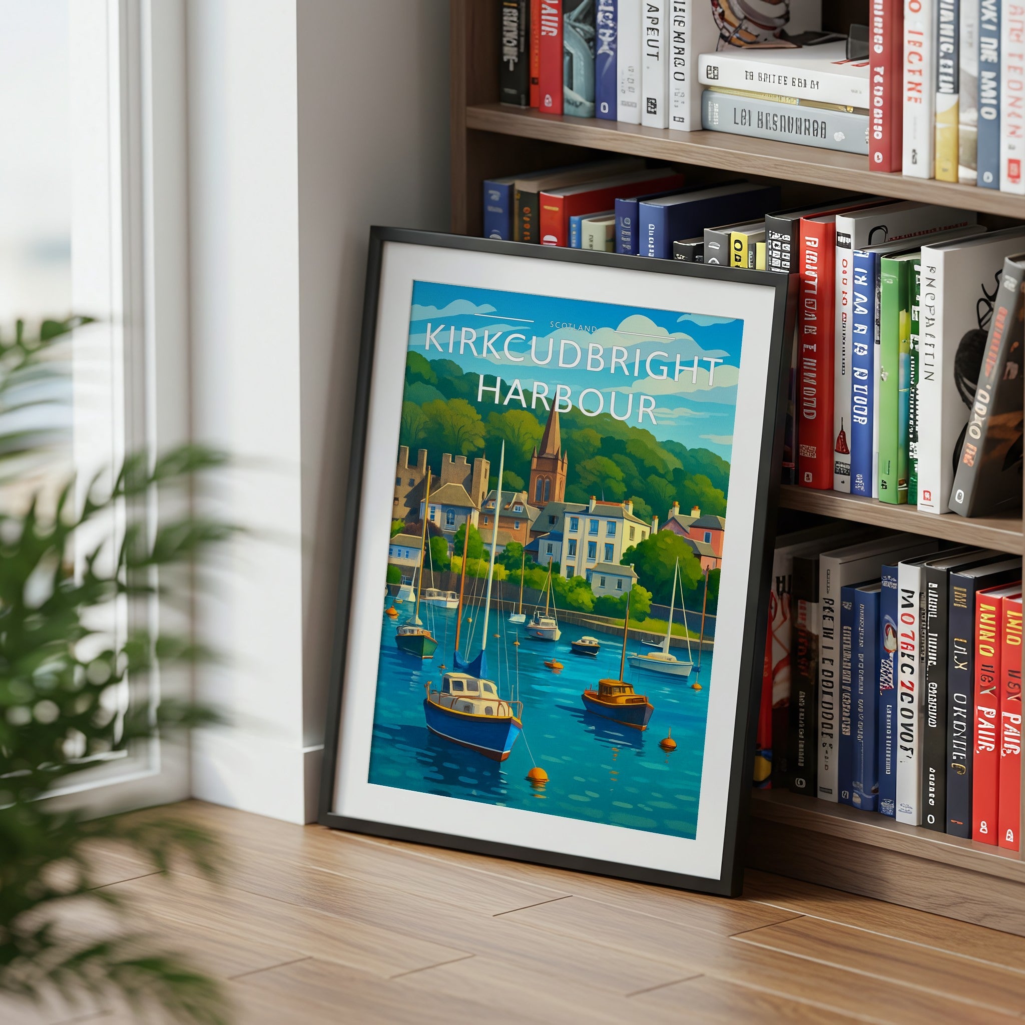 Kirkcudbright Harbour Travel Poster mounted in a black frame