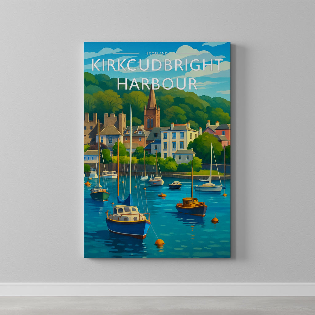 Kirkcudbright Harbour Travel Poster as a gallery-wrapped canvas on a plain wall