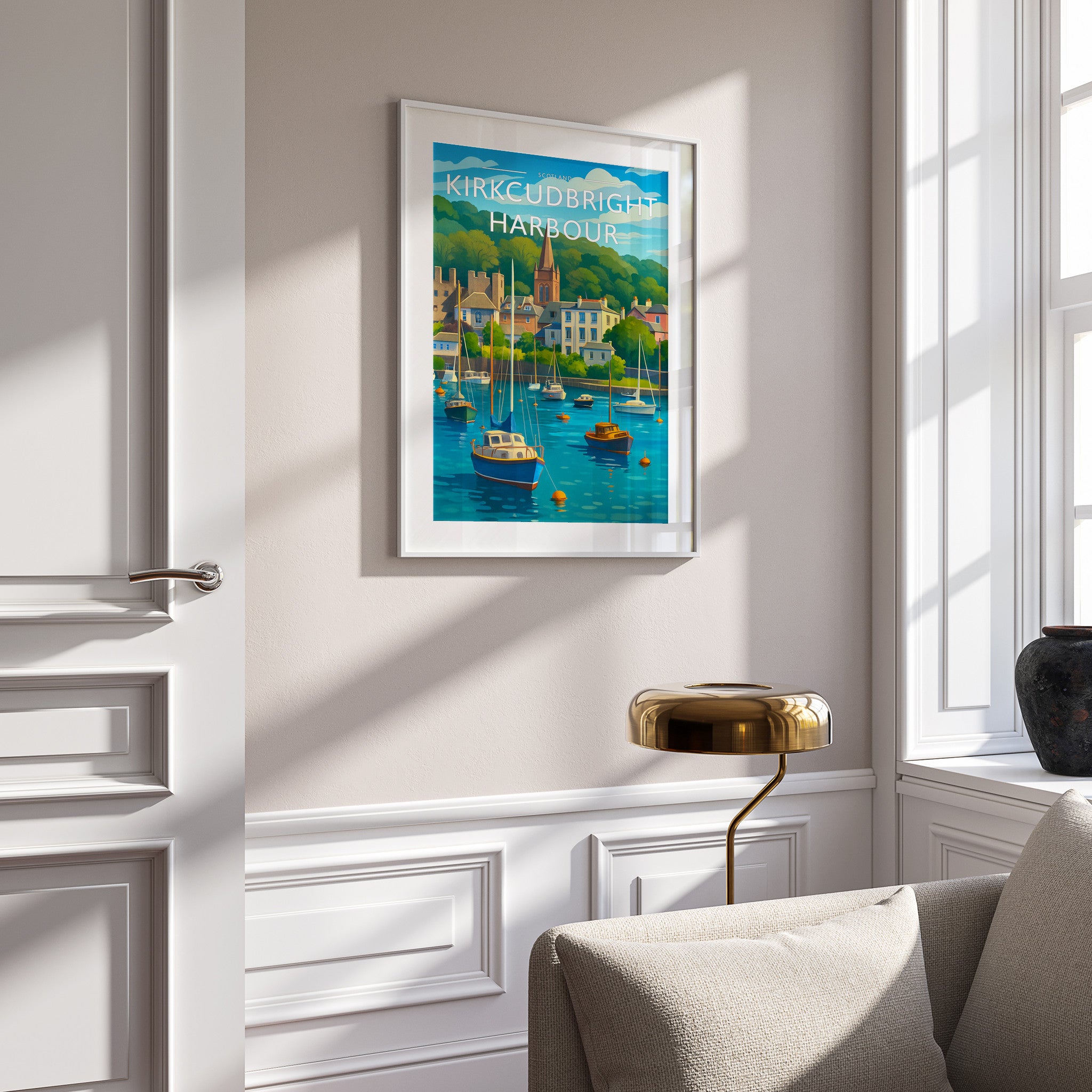 Kirkcudbright Harbour Travel Poster in a white frame on a panelled wall