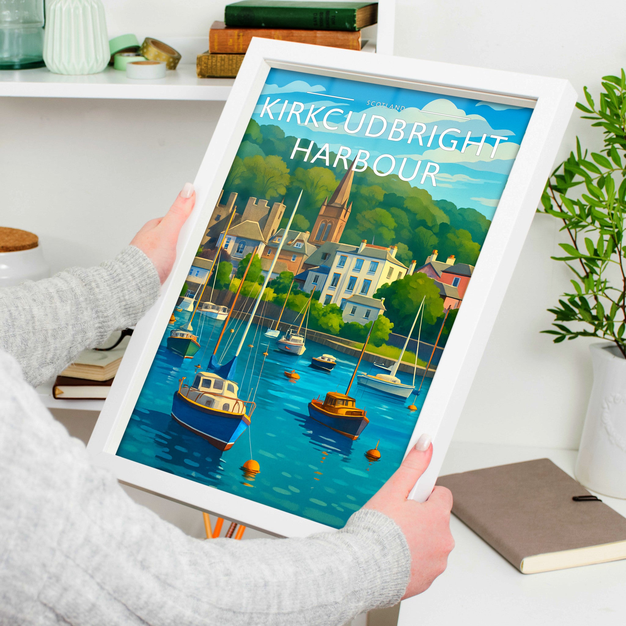 Kirkcudbright Harbour Travel Poster in a white frame, held to show scale