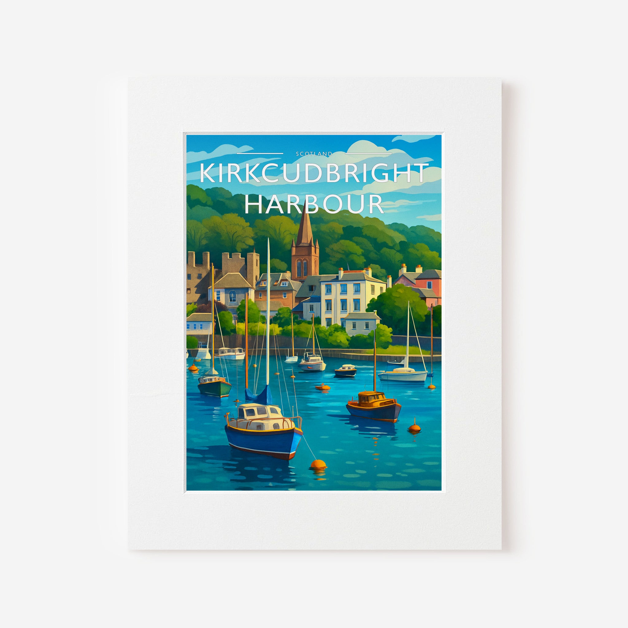 Kirkcudbright Harbour Travel Poster in a white mount