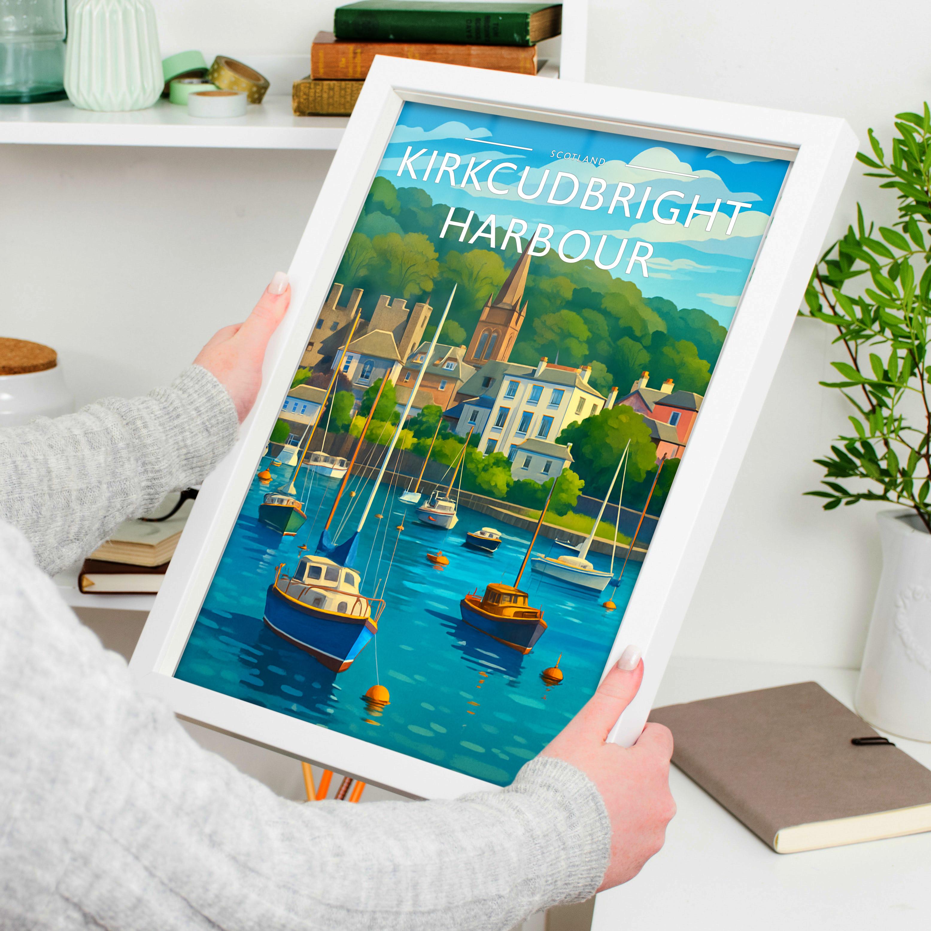 Kirkcudbright Harbour Travel Poster held in a white frame