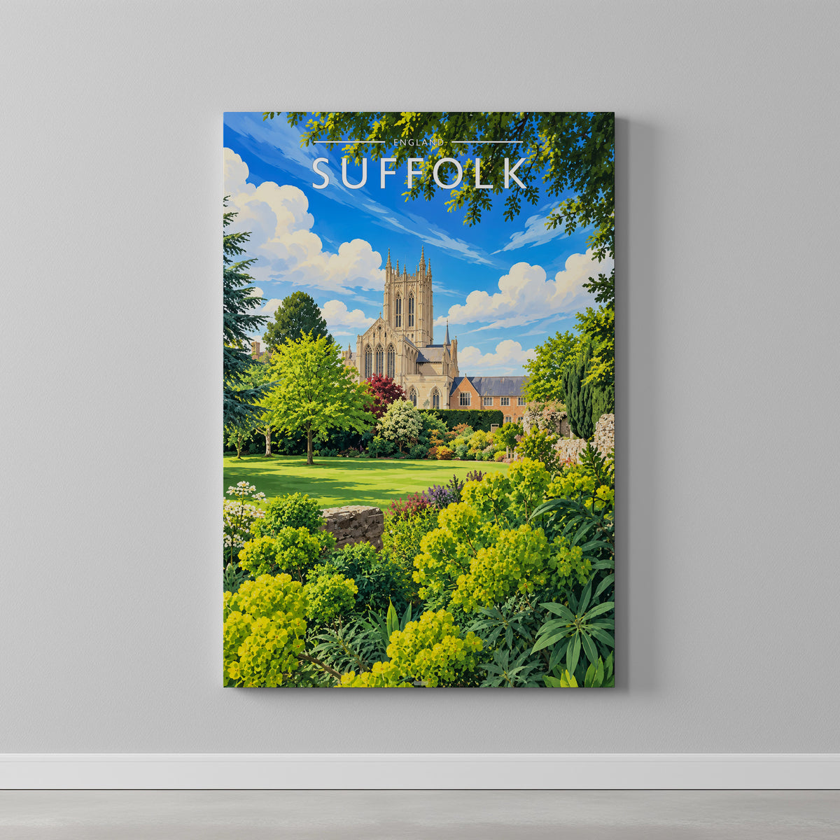 Suffolk Travel Poster as a gallery-wrapped canvas on a plain wall