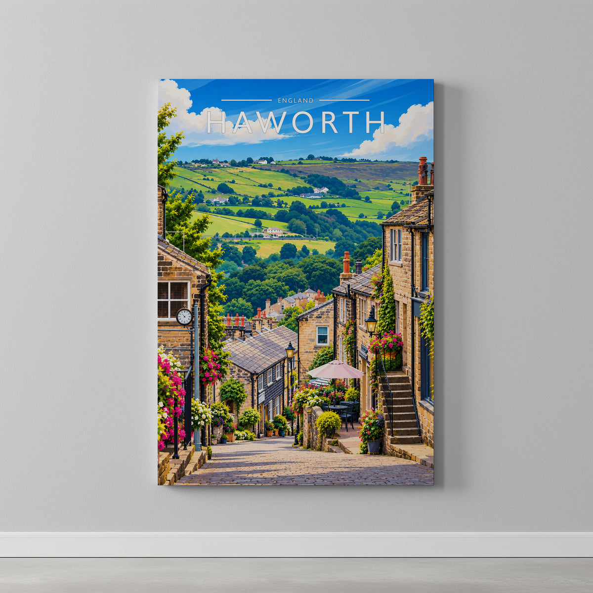 Haworth Travel Poster as a gallery-wrapped canvas on a plain wall