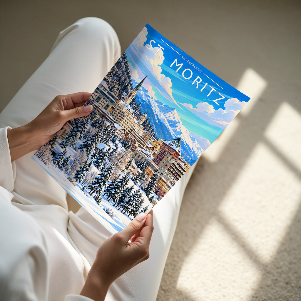 St. Moritz Travel Poster - A4 print in hand