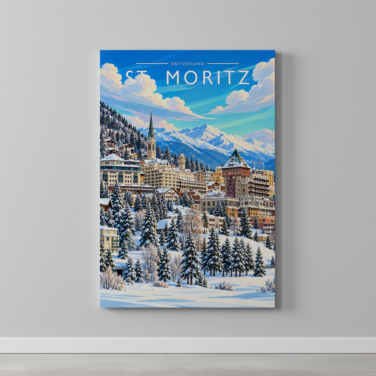 St. Moritz Travel Poster as a gallery-wrapped canvas on a plain wall