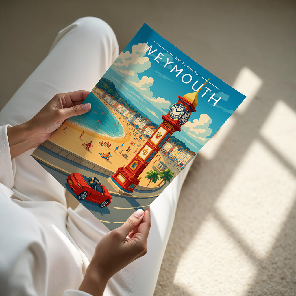 Weymouth Travel Poster - A4 print held in hand