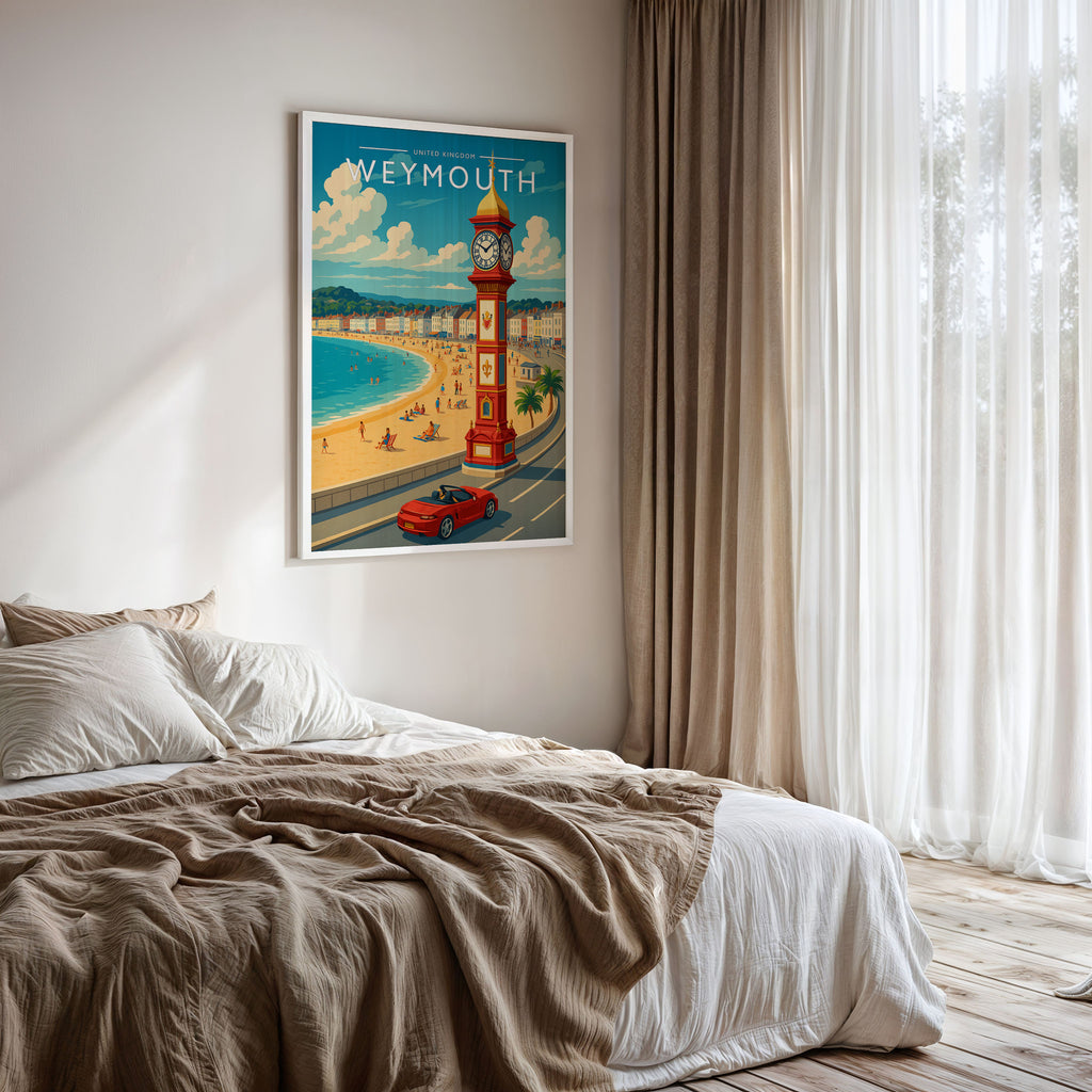 Weymouth Travel Poster framed on a bedroom wall