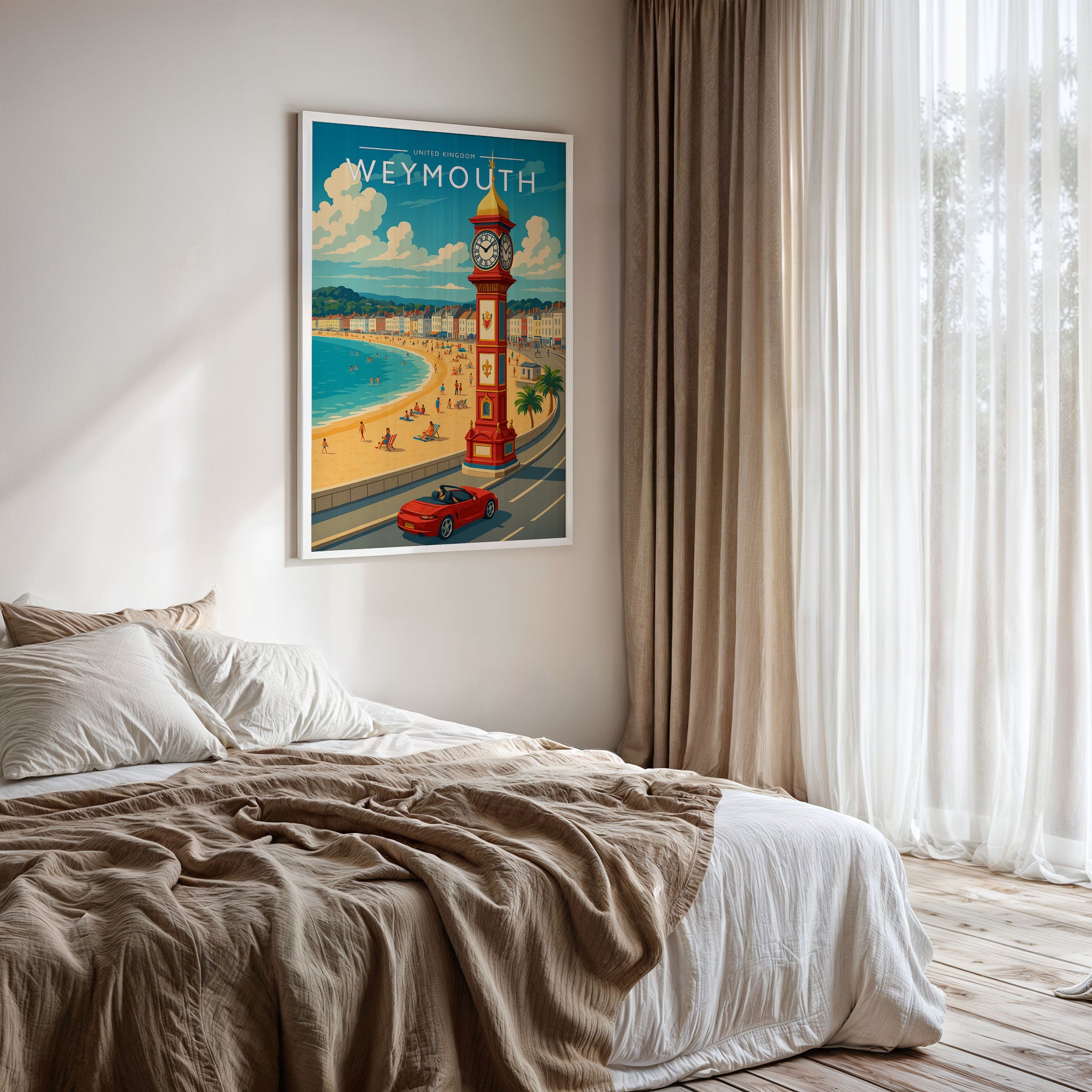 Weymouth Travel Poster framed on a bedroom wall
