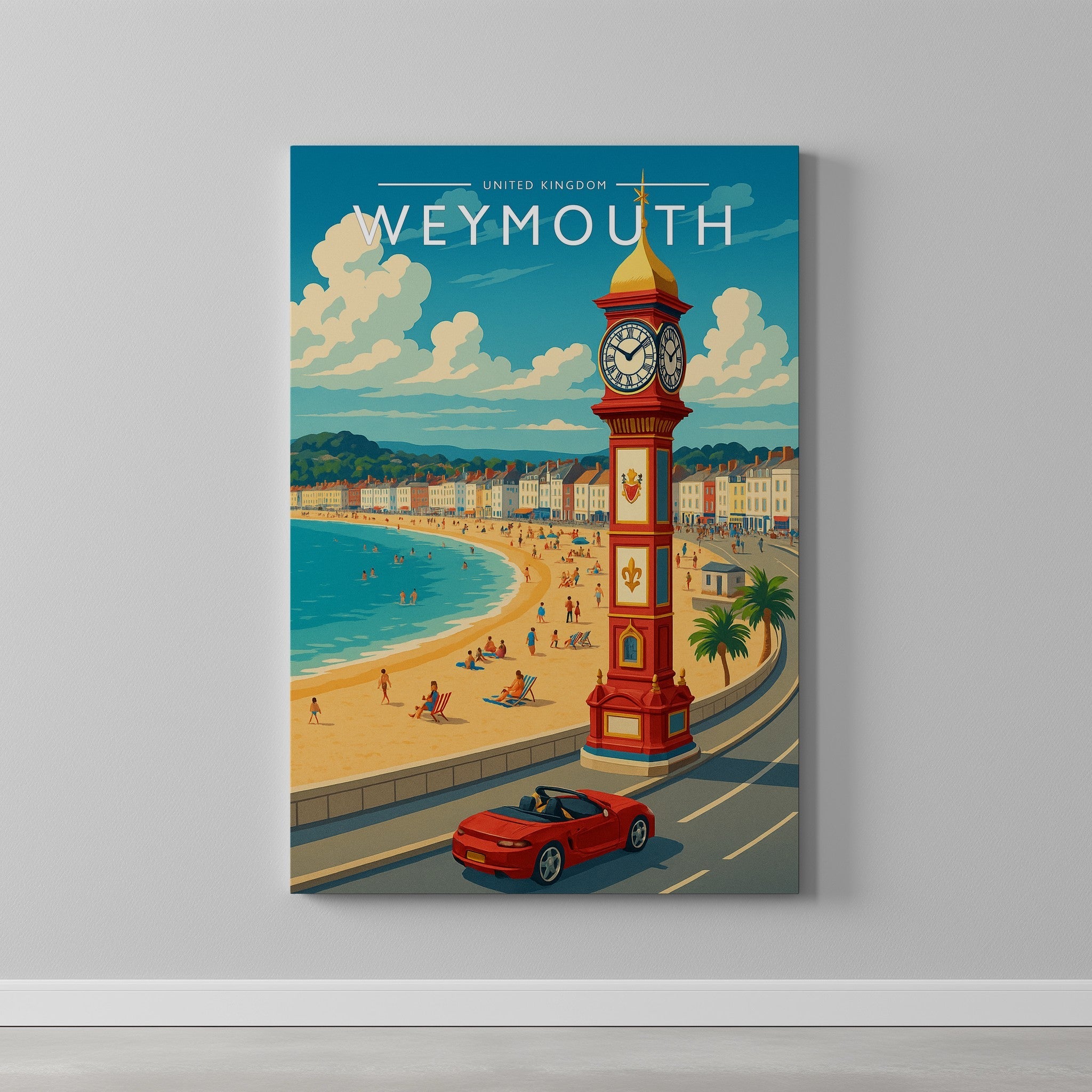 Weymouth Travel Poster as a gallery-wrapped canvas on a plain wall