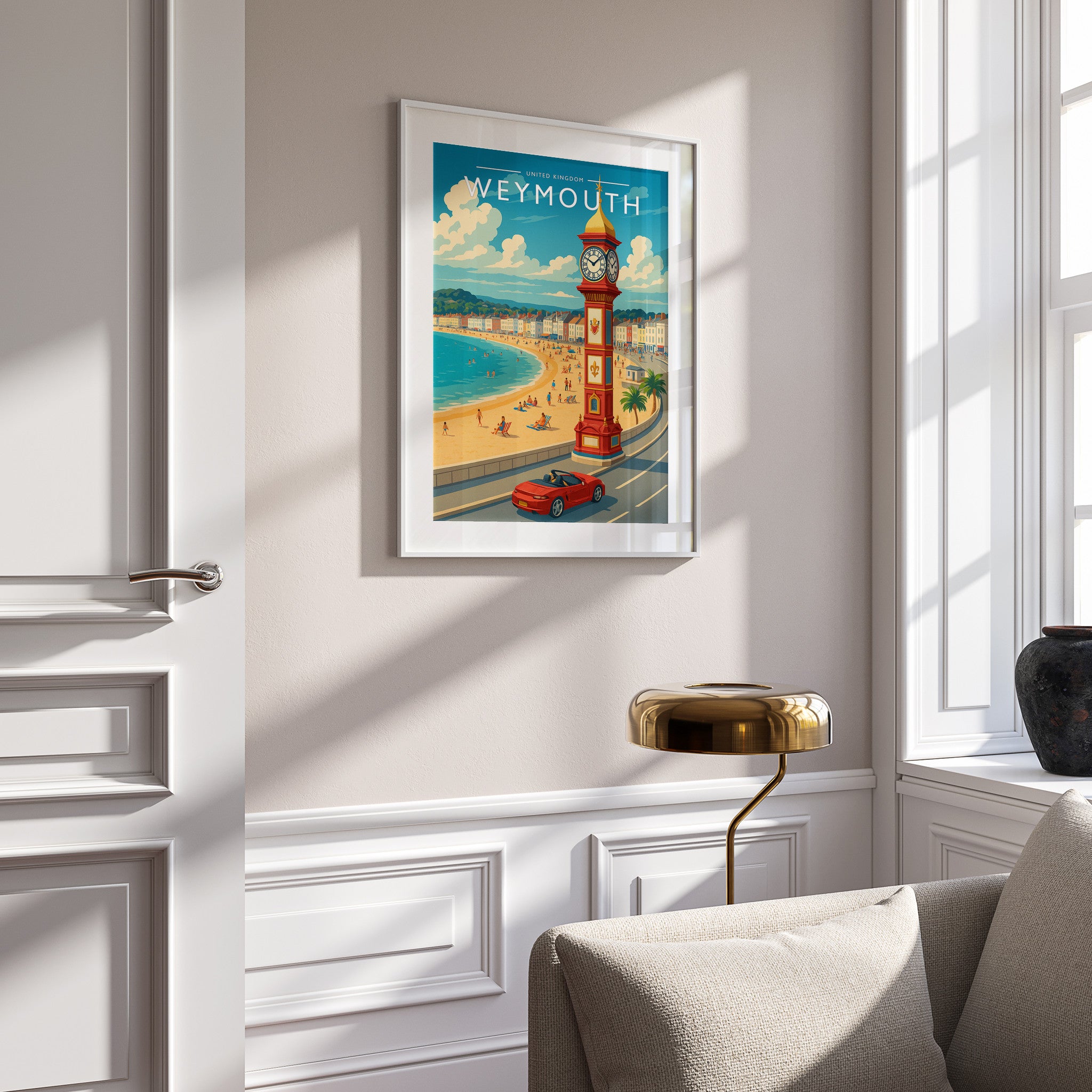 Weymouth Travel Poster in a white frame on a panelled wall