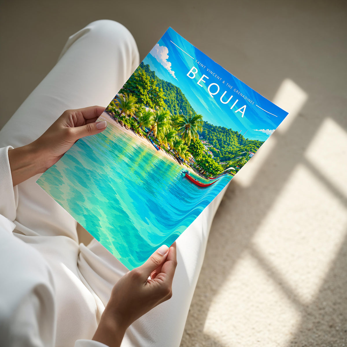Bequia #3 Travel Poster - A4 print held in hand