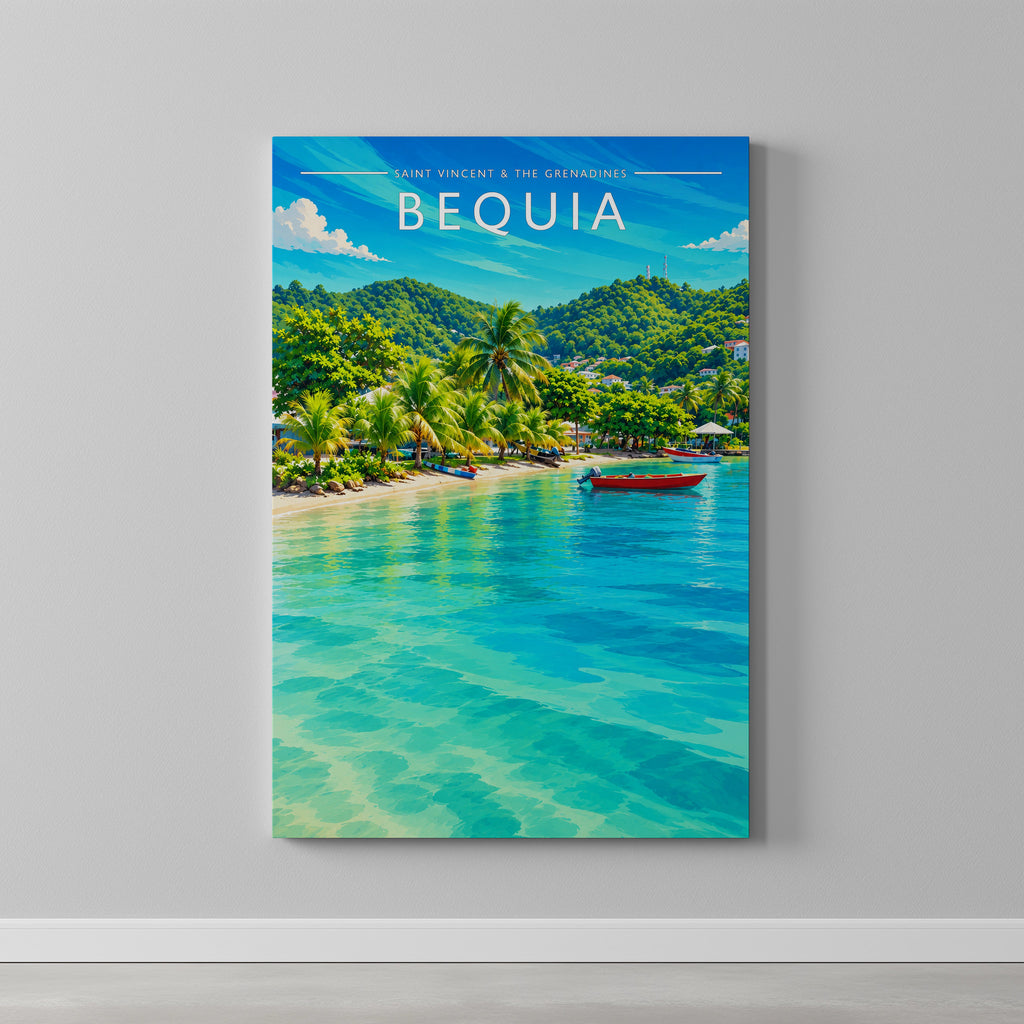 Bequia #3 Travel Poster as a gallery-wrapped canvas on a plain wall