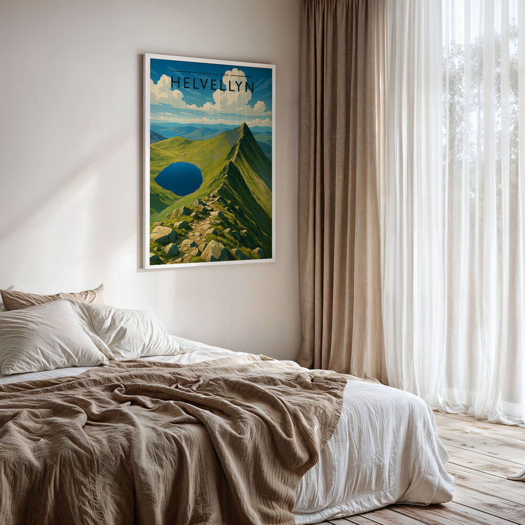 Helvellyn Travel Poster framed on a bedroom wall